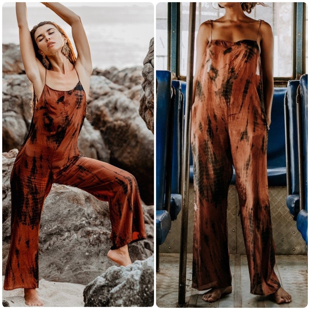 Fara Boutique Womens Mysore Tigers Eye Tie Dye Silk Boho Artsy Earthy Jumpsuit S